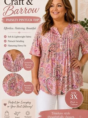 Croft & Barrow Plus Size 3X Pink Paisley Pintuck Top